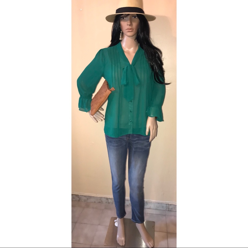 Forever 21 Sheer Bell Trim Long Sleeve Top w Bow
